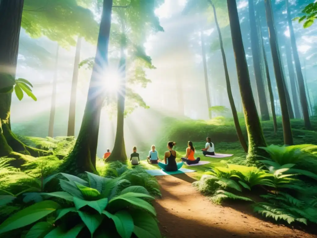 Vibrante diversidad: Actividades al aire libre en el bosque Grupo diverso disfruta de actividades al aire libre en un exuberante bosque verde, transmitiendo vitalidad y bienestar