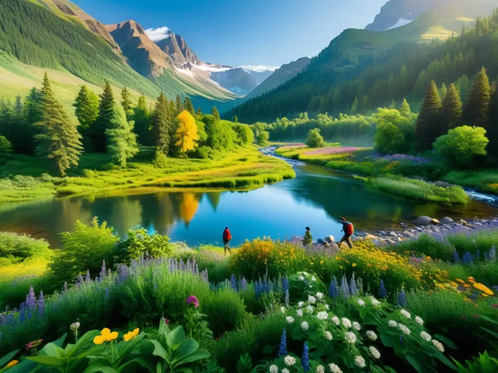 Vida en armonía: Naturaleza rebosante y diversidad humana en acción Un grupo diverso disfruta de actividades al aire libre en un ecosistema exuberante
