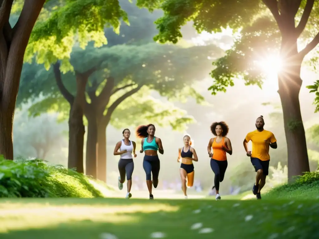 Actividades al aire libre en un parque verde: running, ciclismo y yoga Un grupo diverso disfruta de actividades al aire libre en un parque, con el sol brillando entre los árboles