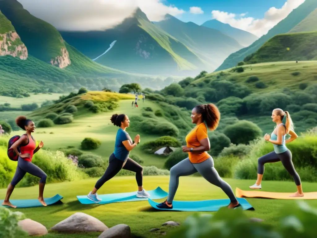 Comunidad saludable: personas activas en la naturaleza Grupo diverso disfruta de actividades al aire libre, reflejando vitalidad y energía