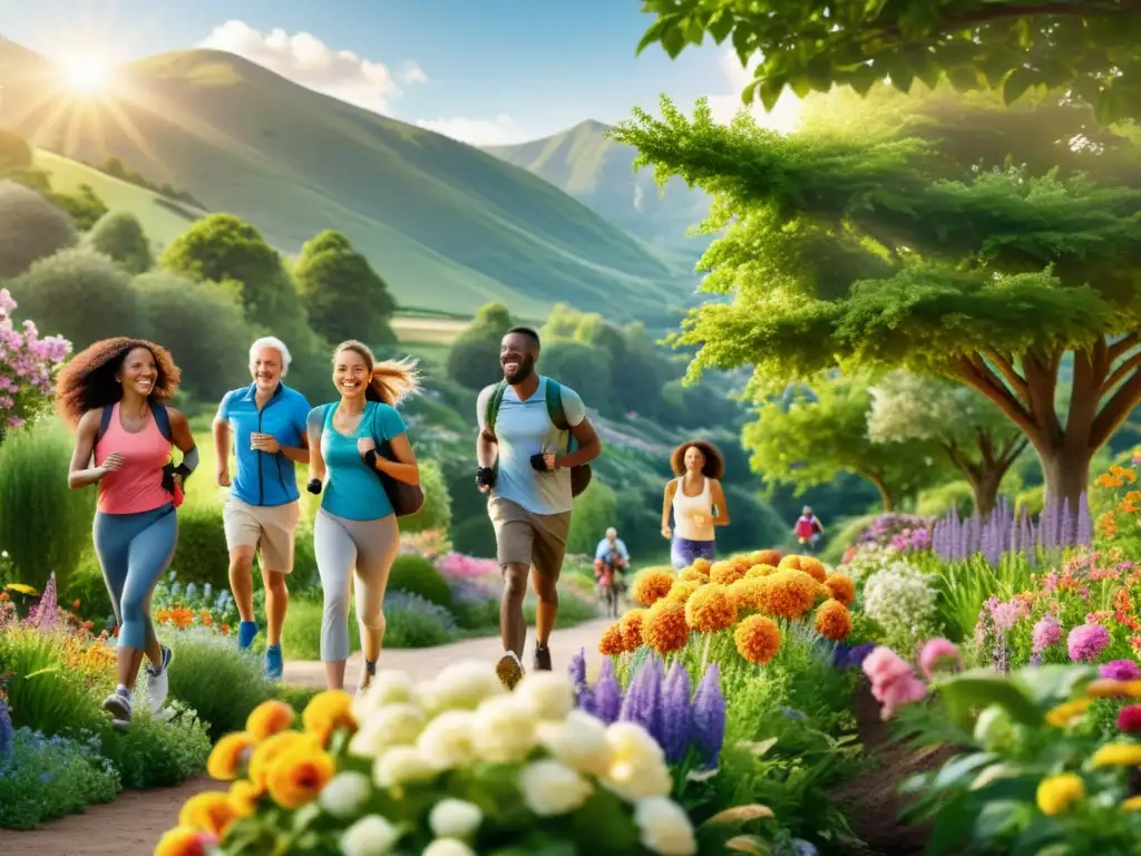 Diversión al aire libre: personas activas rodeadas de naturaleza exuberante Un grupo diverso disfruta de actividades al aire libre rodeados de naturaleza vibrante y flores