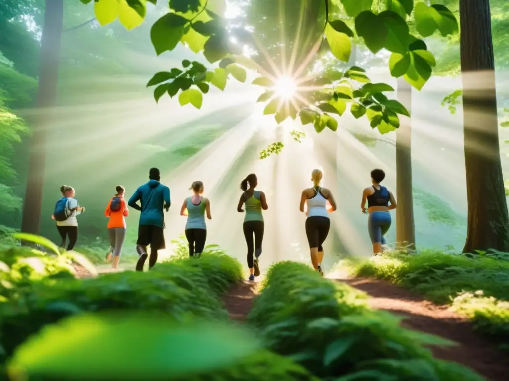 Vitalidad en la naturaleza: diversidad y bienestar en el bosque Grupo diverso disfruta de actividades al aire libre en un bosque frondoso, representando la adaptación del sistema inmune al cambio climático