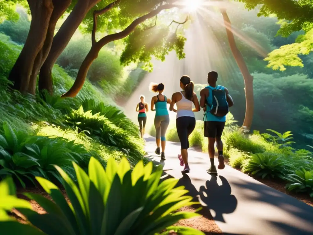 Vida activa en la naturaleza: diversión y bienestar en un entorno vibrante Un grupo diverso disfruta de actividades al aire libre, como senderismo, ciclismo y yoga, en un entorno natural exuberante y vibrante