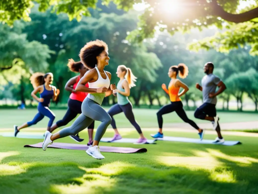 Vitalidad en el parque: running, yoga y ciclismo al aire libre Un grupo diverso disfruta de actividades físicas al aire libre en un parque verde y soleado, reflejando la importancia de la actividad física en el sistema inmunológico