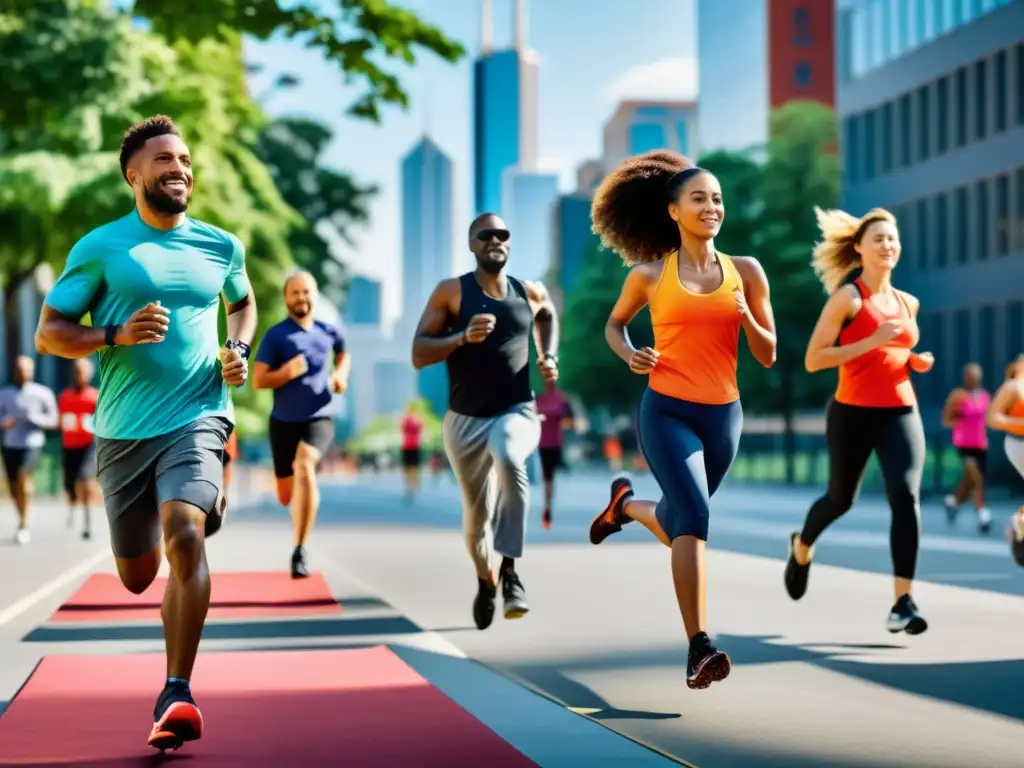 Vida urbana activa: diversidad y energía en movimiento Grupo diverso practicando actividades físicas en entorno urbano, relacionando nivel socioeconómico y enfermedades autoinmunes