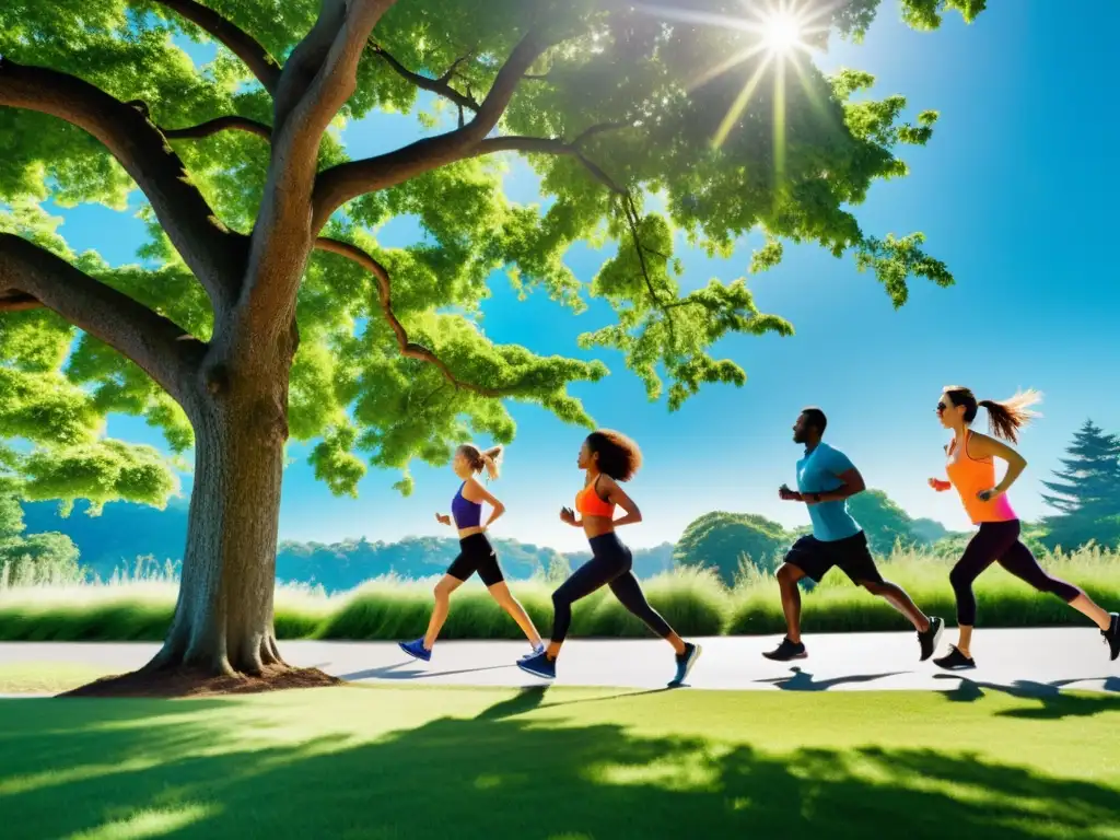 Vitalidad en el parque: Diversidad y energía en actividades físicas Un grupo diverso disfruta de actividades físicas en un parque verde y soleado, irradiando vitalidad y energía
