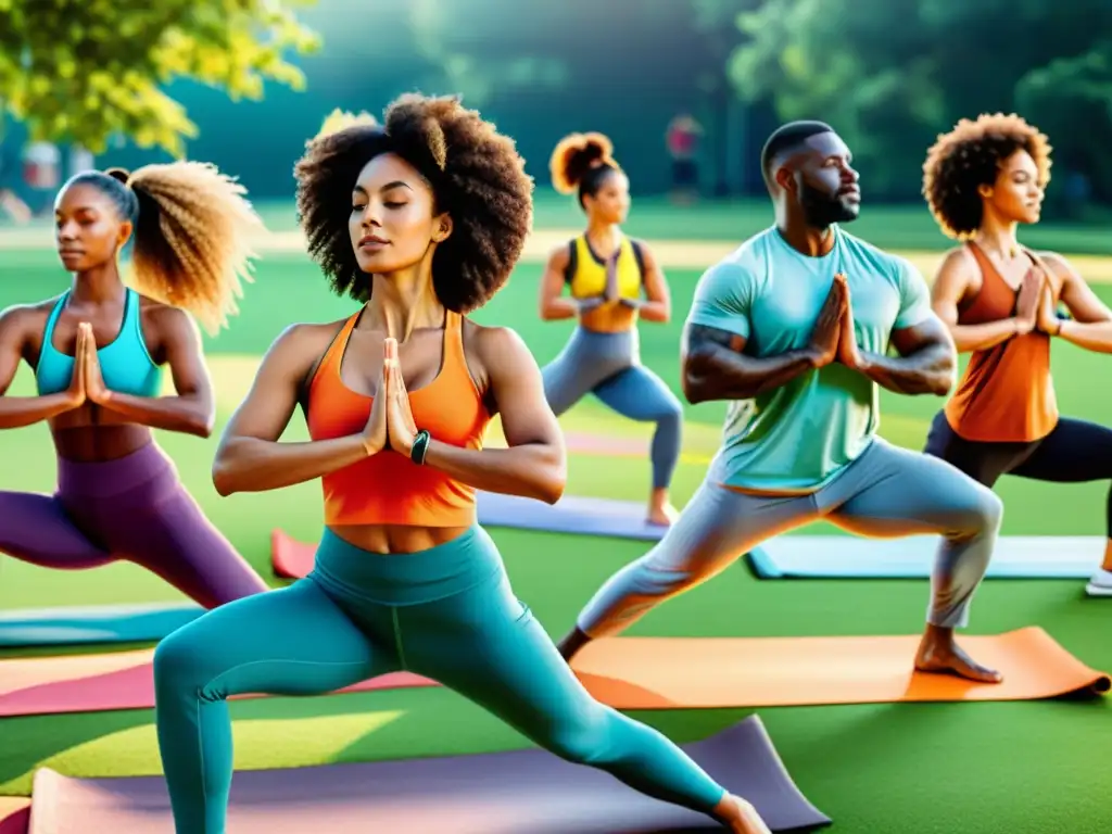 Comunidad activa: yoga, meditación y ejercicio al aire libre Un grupo diverso participando en actividades inmunológicas como yoga, meditación, alimentación saludable y ejercicio al aire libre