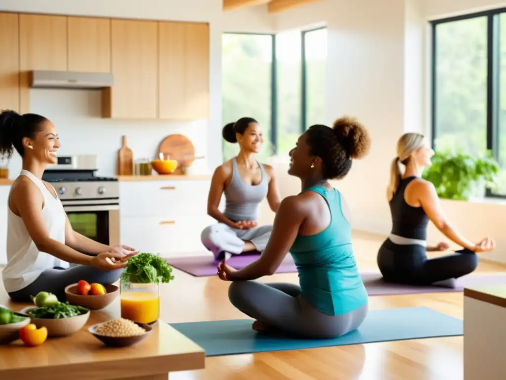 Comunidad saludable: Yoga, running y cocina en grupo Un grupo diverso disfruta de actividades saludables juntos, priorizando su sistema inmunológico con los mejores planes médicos