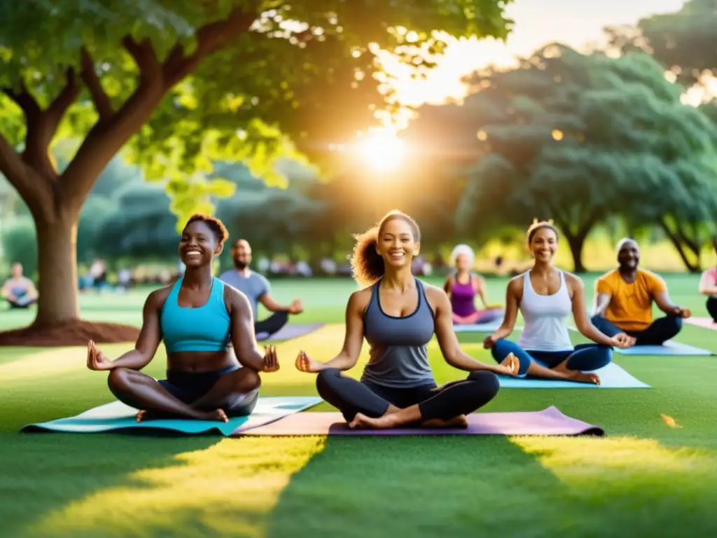 Comunidad saludable en el parque al atardecer: yoga, cocina y bienestar Grupo diverso disfrutando actividades saludables al atardecer en el parque, transmitiendo comunidad y bienestar