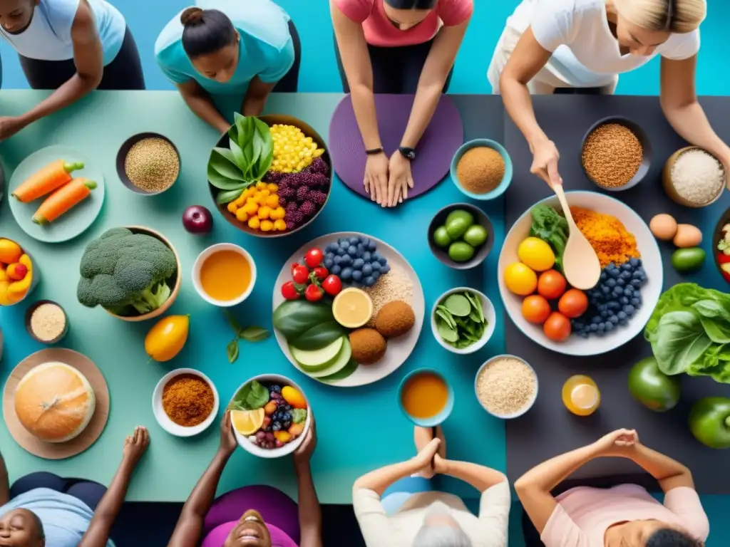 Grupo diverso participando en actividades saludables como yoga, correr y cocinar comidas vibrantes juntos