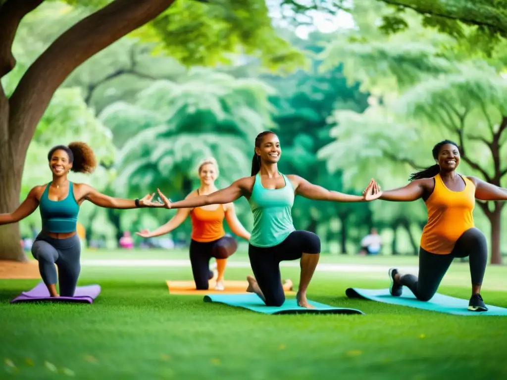 Inmersión en la vida saludable: Comunidad activa en el parque Grupo diverso disfruta de actividades saludables en parque urbano