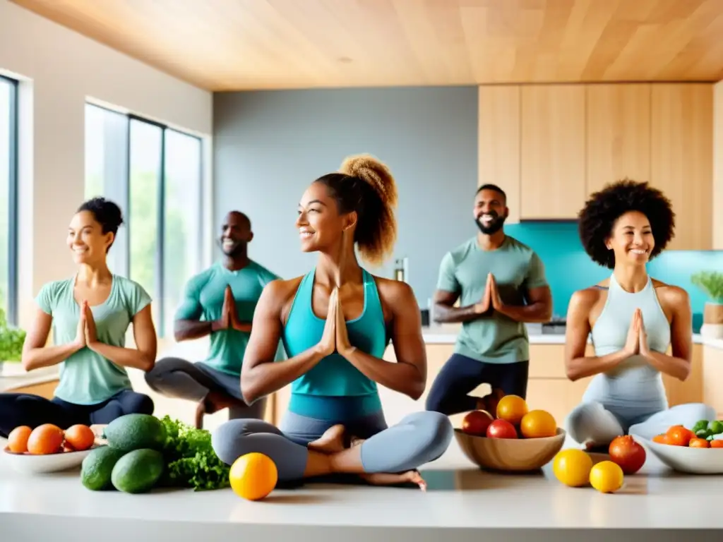 Comunidad saludable: yoga, running y cocina en equipo Un grupo diverso se une en actividades saludables como yoga, running y cocina en una cocina moderna y luminosa