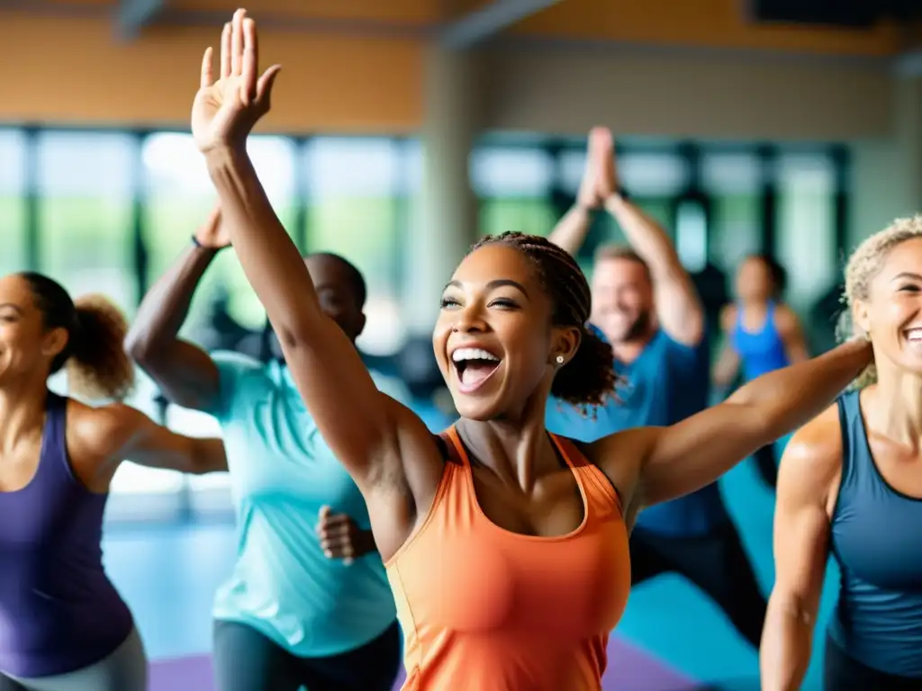 Vitalidad y Alegría en el Gimnasio: Grupo Activo Un grupo diverso de adultos disfruta de actividades físicas en un gimnasio moderno, irradiando vitalidad y alegría
