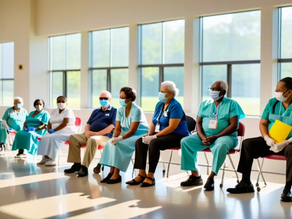 Emociones al vacunarse: esperanza, alivio y aprehensión en adultos mayores Un grupo diverso de adultos mayores recibe la vacuna COVID19 en un centro de vacunación espacioso y luminoso