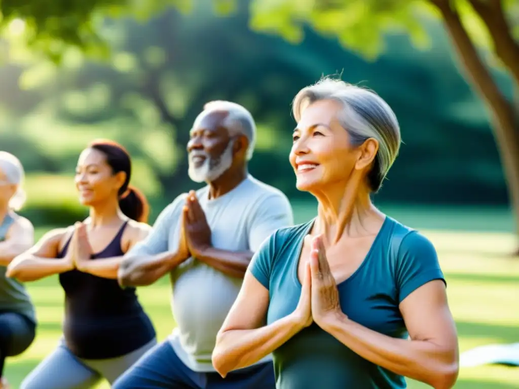 Clase de yoga para adultos mayores en el parque Grupo diverso de adultos mayores practicando yoga o tai chi en un parque sereno, transmitiendo vitalidad y bienestar holístico
