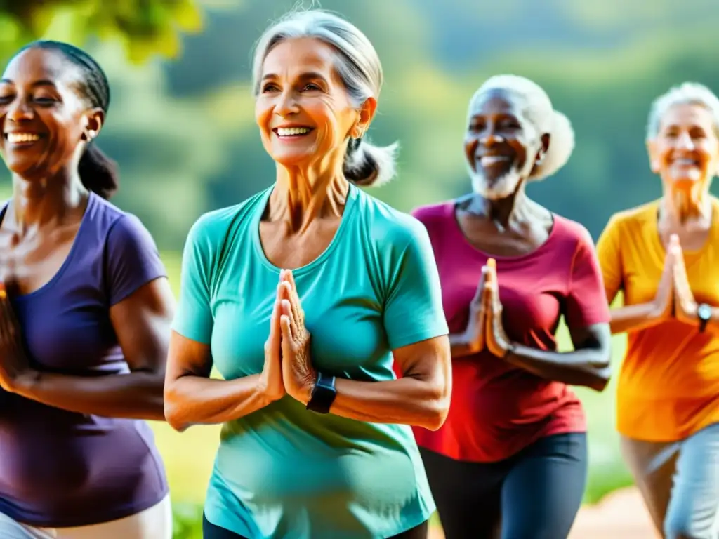 Estilo de vida activo para adultos mayores: 8k imagen detallada Un grupo diverso de adultos mayores disfrutando de actividades saludables y felices, como caminar, cocinar y practicar yoga