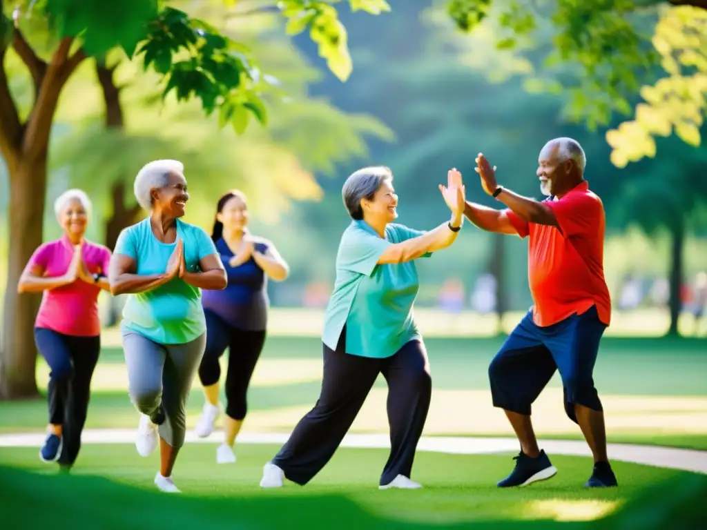 Vitalidad dorada: Actividades físicas para adultos mayores en el parque Grupo diverso de adultos mayores realiza actividades físicas en un vibrante parque, fortaleciendo sistema inmunológico después 60