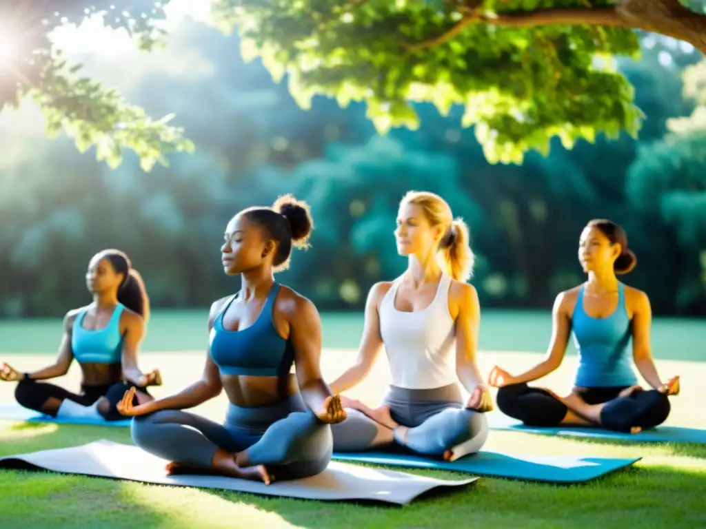 Yoga en el parque: diversidad, serenidad y vitalidad Un grupo diverso practica yoga al aire libre en un parque verde, irradiando calma y fuerza
