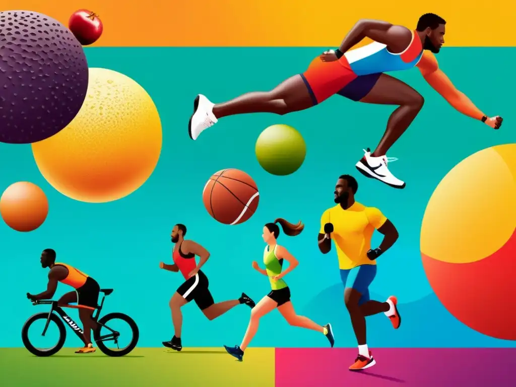 Atletas en acción: nutrición deportiva y salud inmunológica Un grupo diverso de atletas realiza ejercicio al aire libre bajo el sol, consumiendo alimentos y suplementos nutritivos