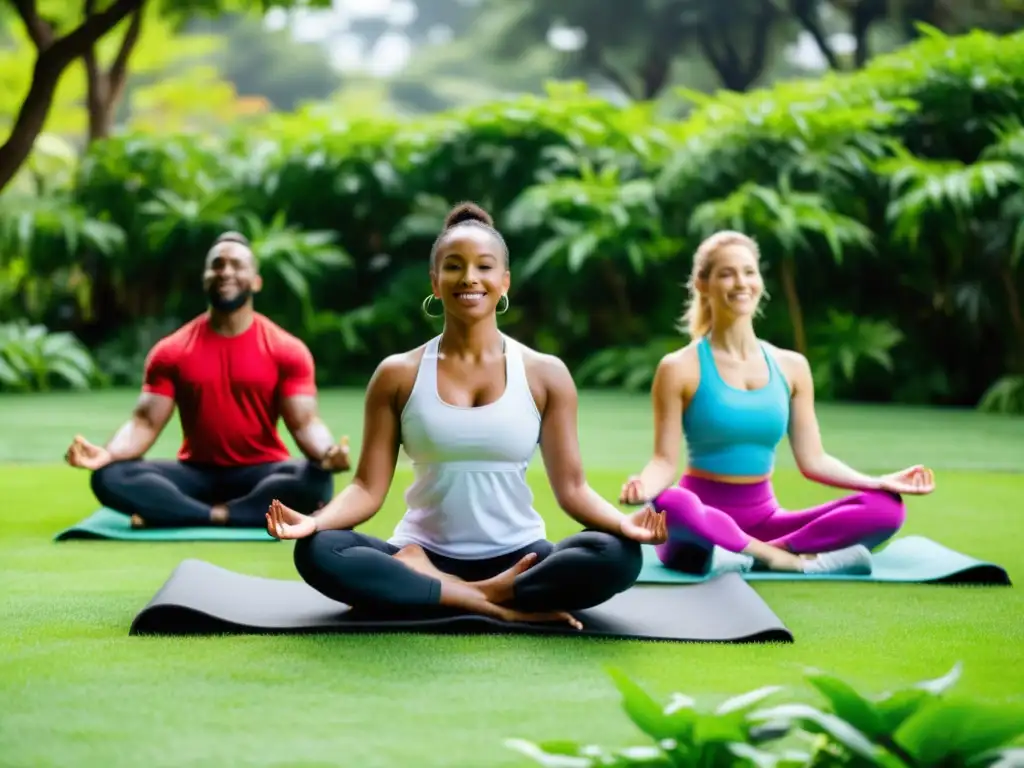 Comunidad activa: bienestar en un jardín sereno Grupo diverso disfruta de bienestar en jardín, con yoga, meditación y ejercicio al aire libre
