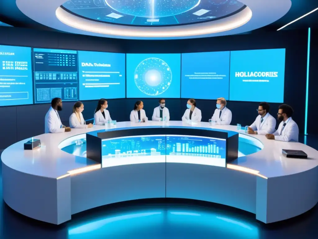 Grupo diverso de científicos colaborando en un laboratorio futurista con avanzada tecnología, desarrollando nuevas vacunas para inmunidad colectiva
