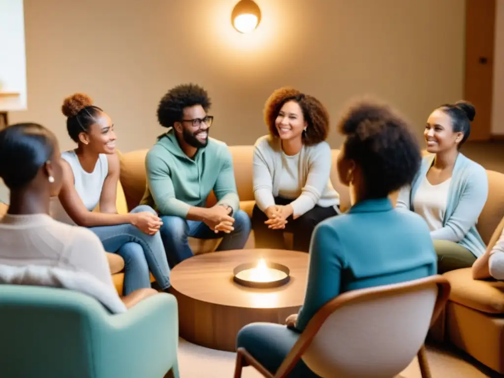 Círculo de apoyo: conexión y empatía en acción Grupo diverso en círculo de apoyo, iluminados por luz cálida