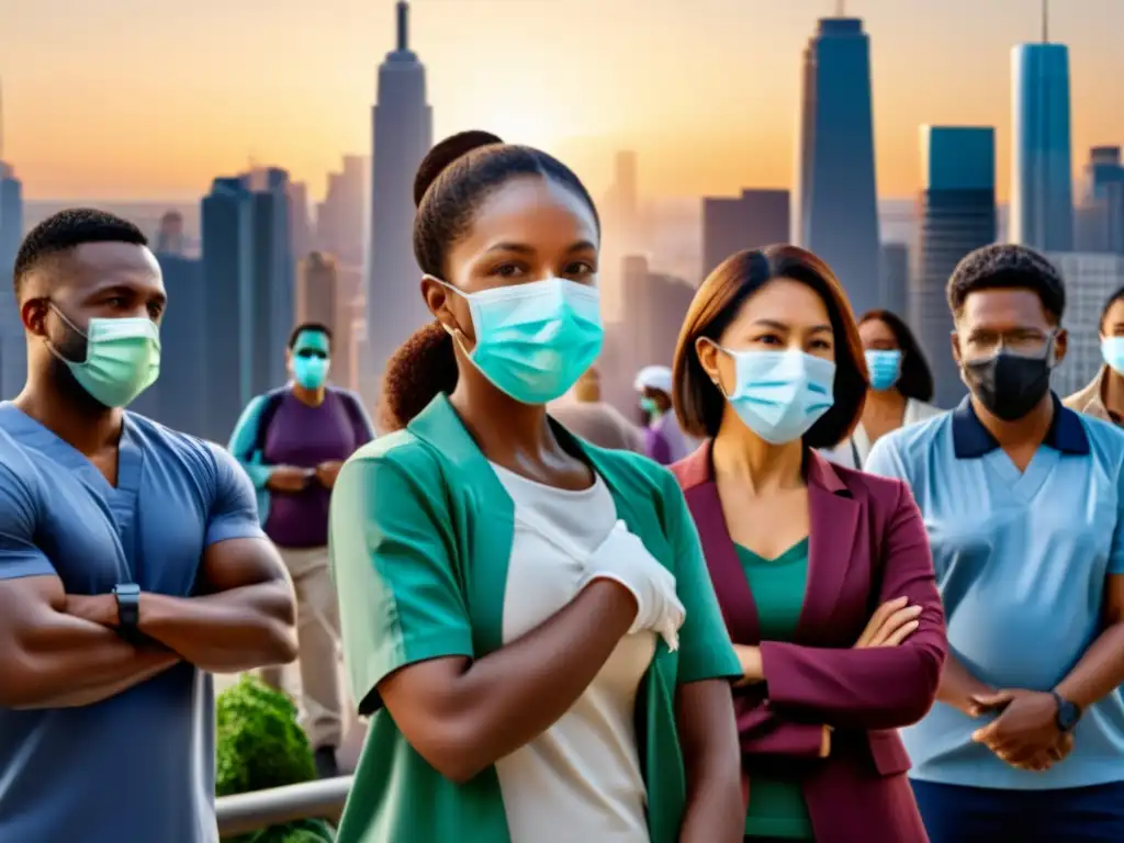 Inmunidad colectiva: recibiendo vacunas juntos Grupo diverso en círculo, con mascarillas, recibiendo vacuna en ciudad bulliciosa
