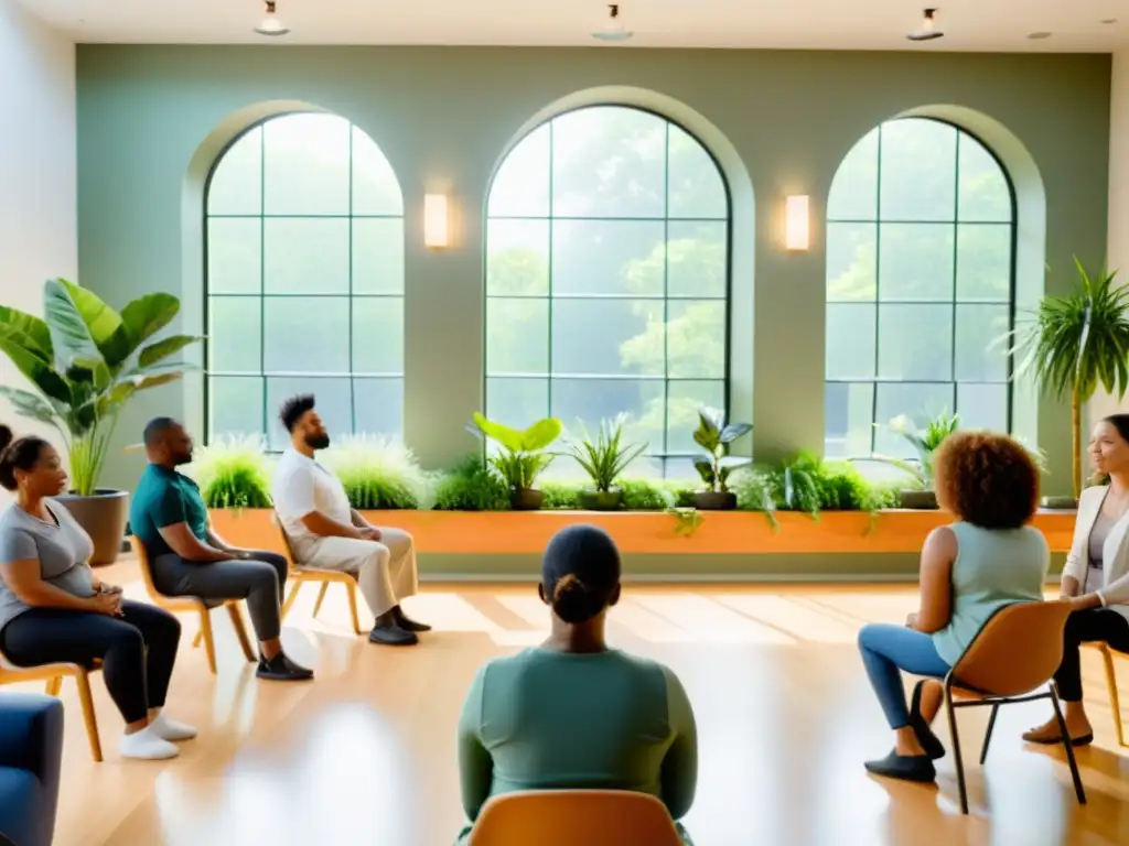 Taller de Reducción de Estrés: Mindfulness y Relax en un Aula Moderna Grupo diverso en clase de reducción de estrés para sistema inmunológico, con decoración tranquila y luz natural