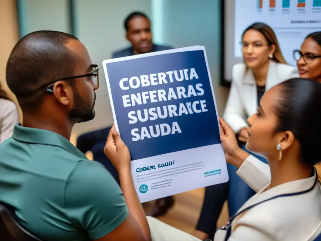 Discusión profesional sobre cobertura de enfermedades raras Grupo diverso discute cobertura enfermedades raras seguros salud con determinación y colaboración