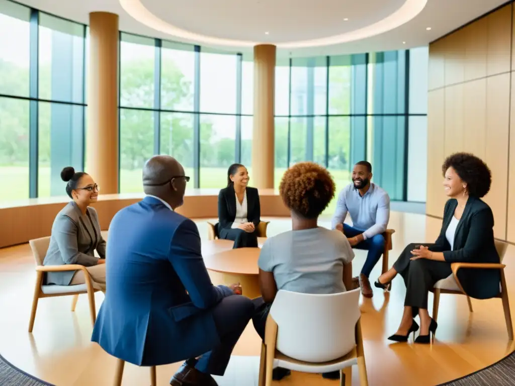 Círculo de apoyo: Cobertura de enfermedades raras Grupo diverso discute cobertura enfermedades raras seguros salud con empatía y colaboración en sala luminosa