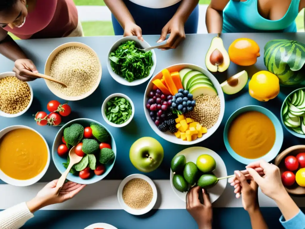 Comida saludable y comunidad: Nutrición y alegría en la mesa Un grupo diverso disfruta una comida saludable y colorida juntos, fortaleciendo su sistema inmunológico con una dieta especializada