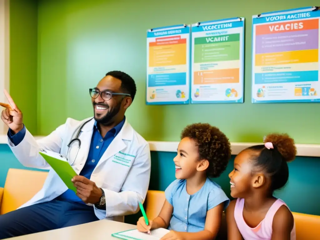 Vacunación infantil: Salud y sonrisas en el consultorio médico Un grupo diverso de niños sonríe en la consulta del pediatra, mientras la doctora discute el calendario de vacunación con los padres