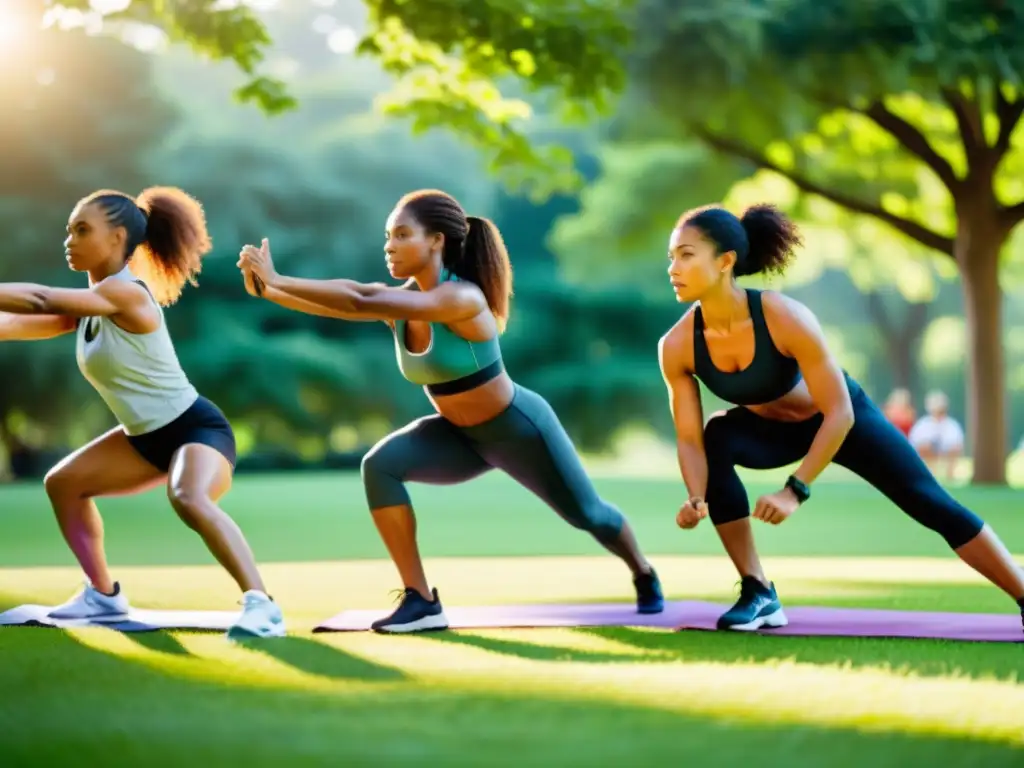 Entrenamiento en equipo: energía y vitalidad en el parque Grupo diverso hace ejercicio al aire libre en un parque, mostrando fuerza y unión