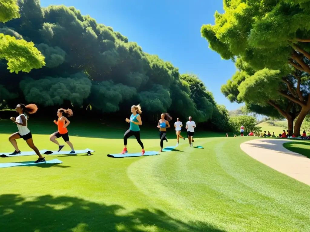 Vida activa en el parque: jogging, yoga y fútbol bajo el sol Grupo diverso disfruta de ejercicio al aire libre en un parque soleado, promoviendo los beneficios del ejercicio para el sistema inmunológico