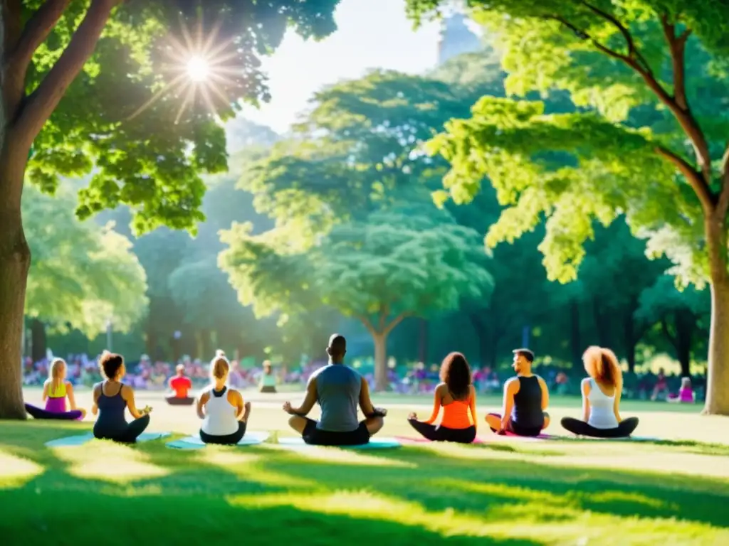 Vida activa y saludable en un parque vibrante Grupo diverso haciendo ejercicio al aire libre en un parque verde y soleado, resaltando nutrición y ejercicio para sistema inmune