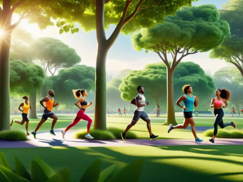 Ejercicio en el parque: Fortaleza y vitalidad en ilustración 8k Grupo diverso haciendo ejercicio al aire libre en un parque verde, resaltando la importancia de la actividad física en el sistema inmunológico