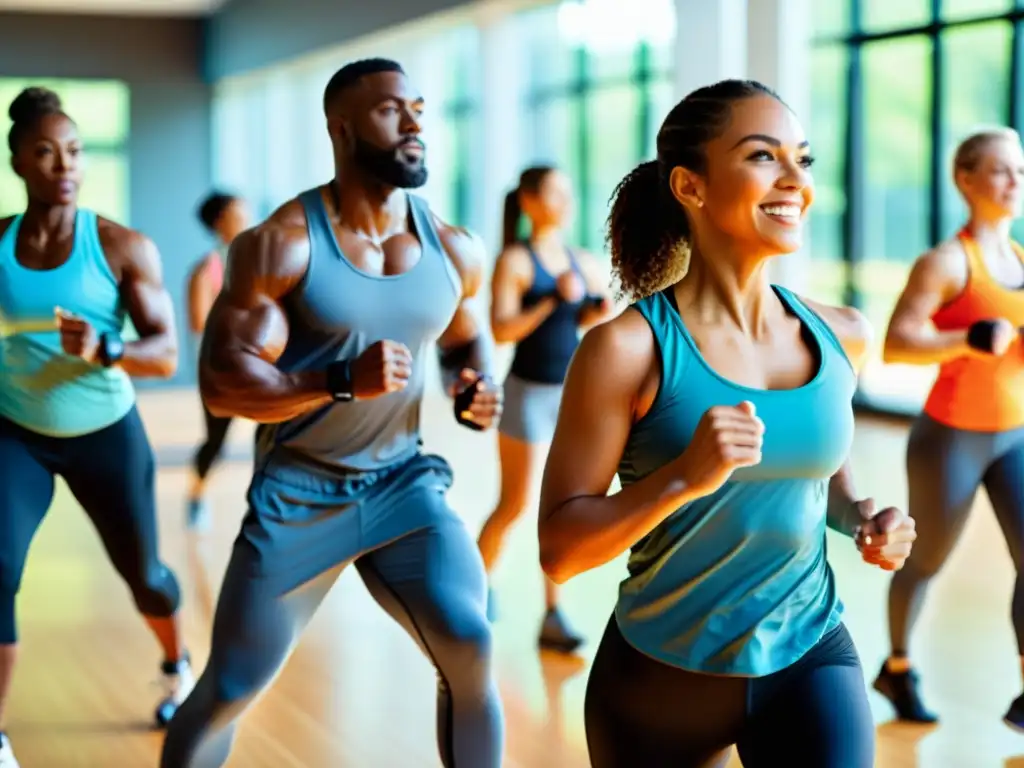 Rutinas de ejercicios en gimnasio con gente diversa Grupo diverso haciendo ejercicio en un gimnasio brillante y espacioso, promoviendo nutrición y ejercicio para sistema inmune
