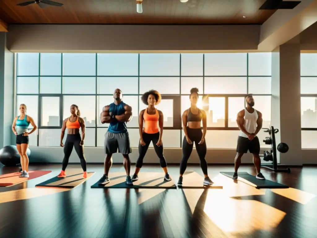 Grupo diverso haciendo ejercicio en un gimnasio moderno y motivador para mejorar efectividad vacunas
