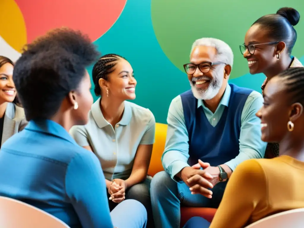 Conversaciones de apoyo: diversidad y empoderamiento en un grupo inclusivo Un grupo diverso se reúne en un espacio luminoso para conversar y apoyarse mutuamente, transmitiendo comunidad y empoderamiento