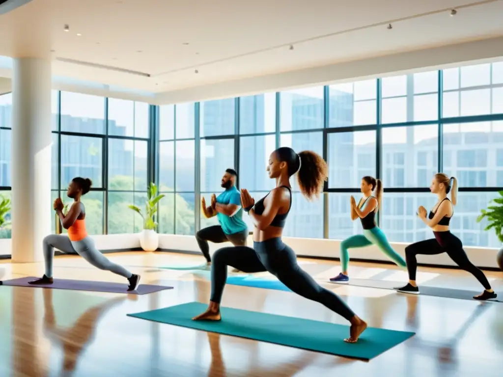Grupo diverso en gimnasio moderno, practicando yoga, corriendo y levantando pesas