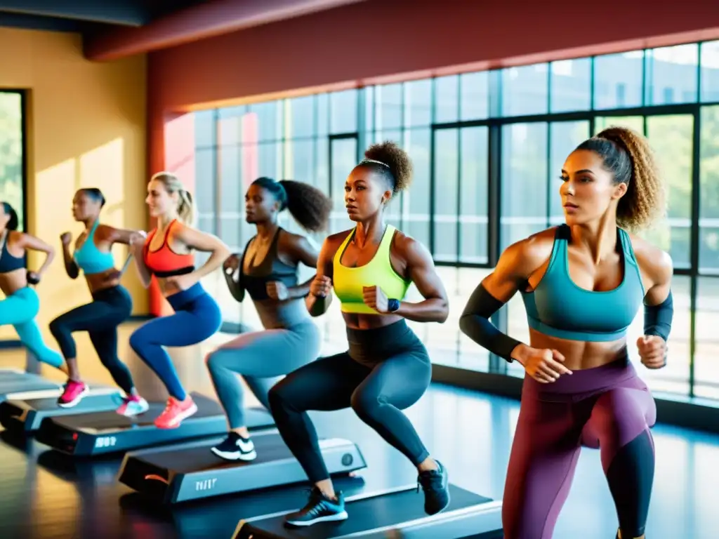 Un grupo diverso se ejercita en un gimnasio moderno con luz natural