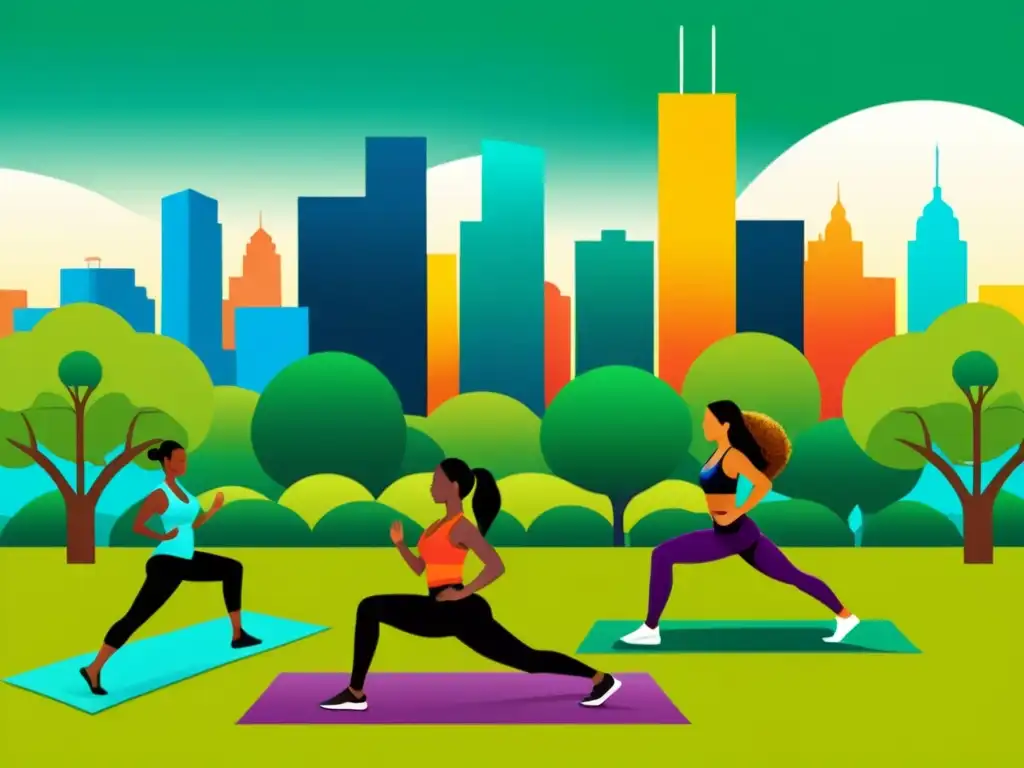 Vida sana en la ciudad: yoga, running y cocina saludable Grupo diverso disfrutando de hábitos saludables en la ciudad, fortaleciendo el sistema inmunológico