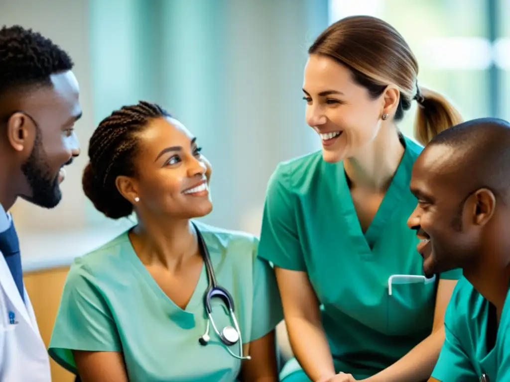 Conversación colaborativa en hospital moderno sobre Miastenia Gravis Grupo diverso en hospital moderno discute tratamiento de Miastenia Gravis calidad vida con empatía y colaboración
