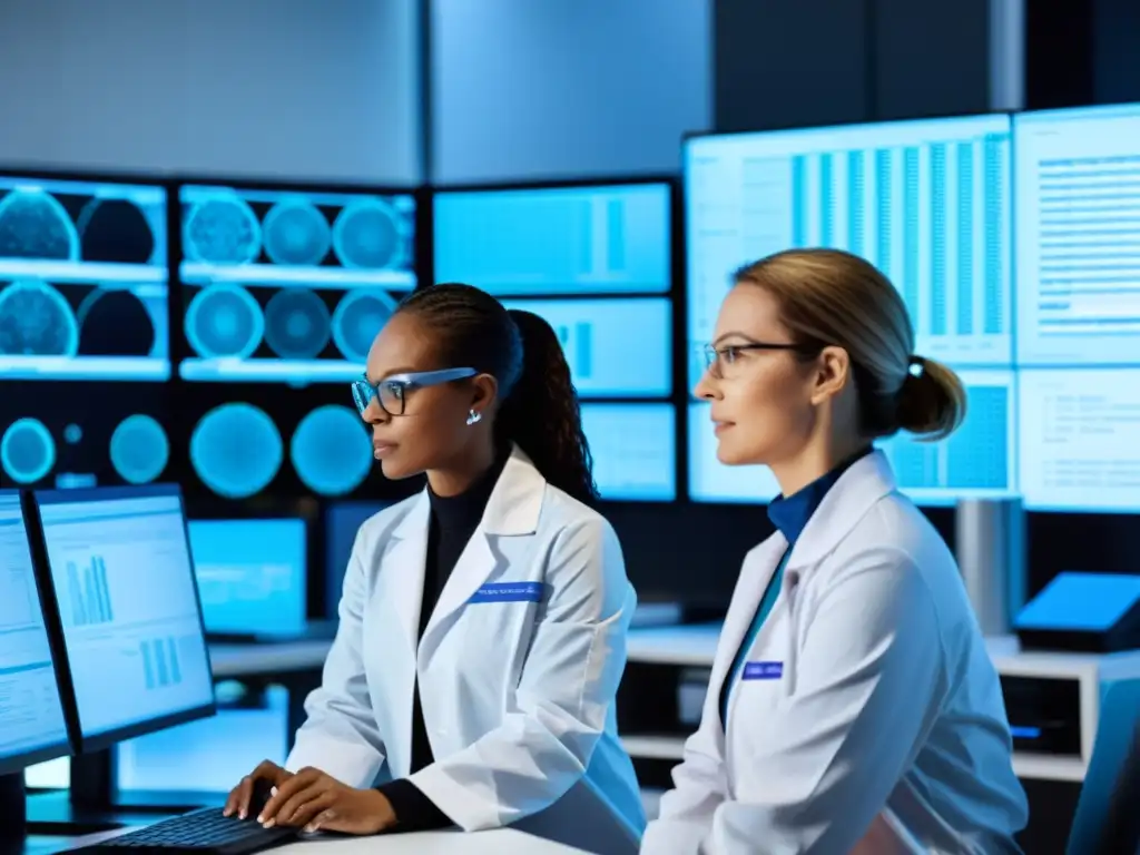 Investigación inmunológica de vanguardia Un grupo diverso de inmunólogos en un laboratorio de vanguardia, colaborando en investigación, análisis y experimentos con tecnología avanzada