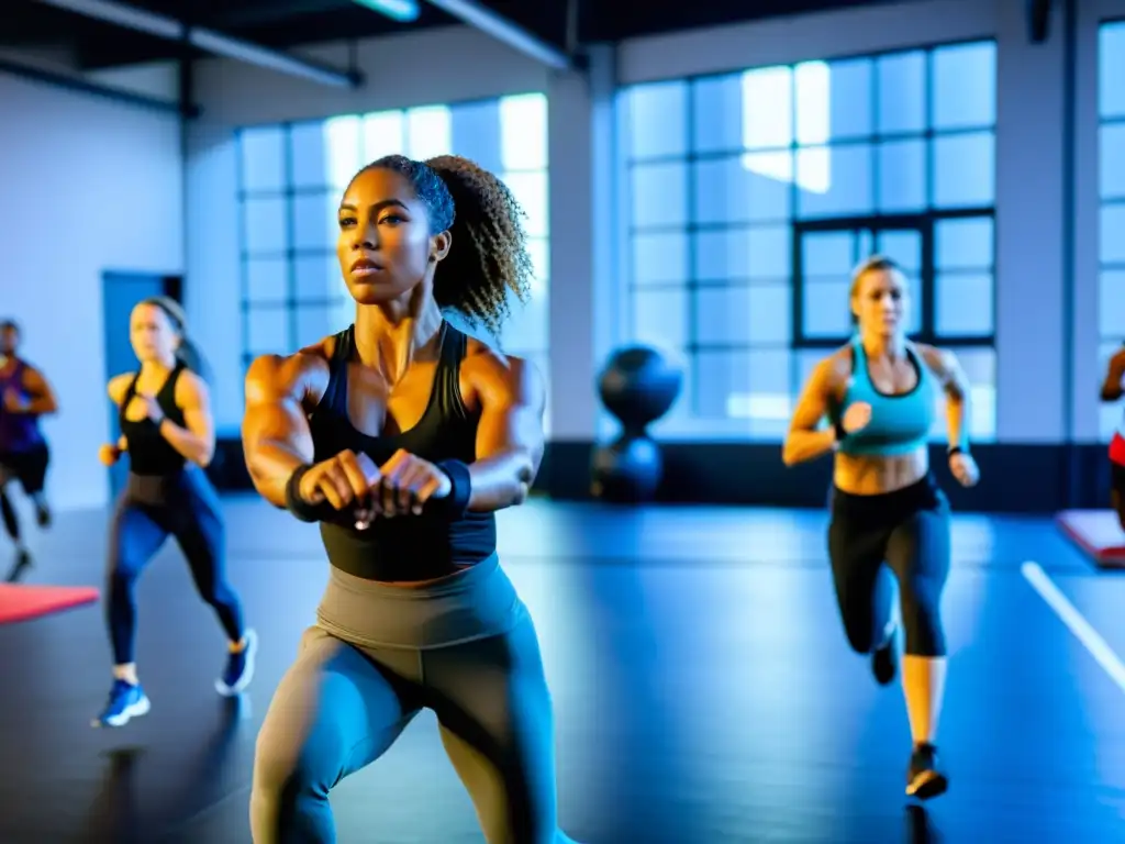 Grupo diverso en intenso entrenamiento HIIT