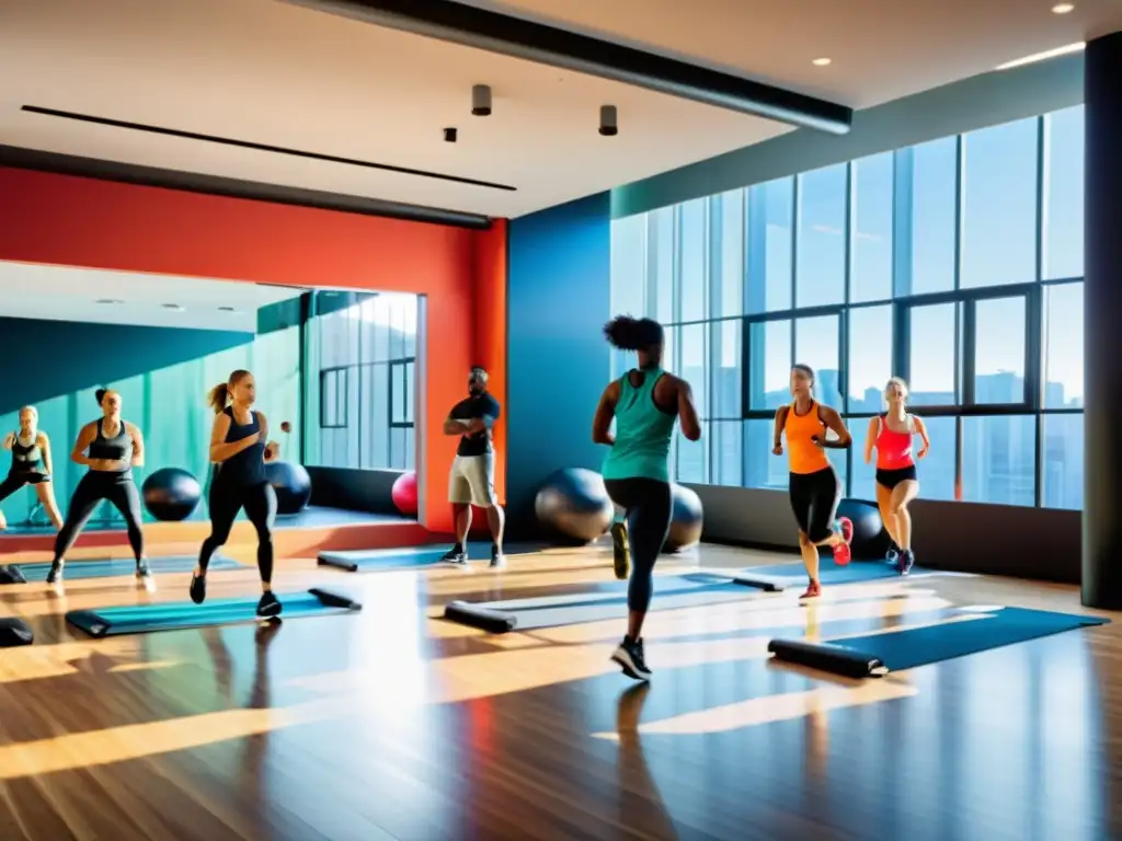 Inmersión en HIIT: Entrenamiento en gimnasio con luz natural Un grupo diverso realiza un intenso entrenamiento HIIT en un moderno gimnasio
