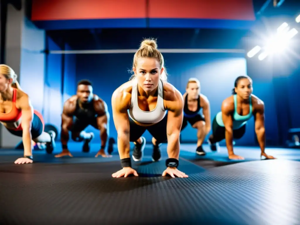 Intensa sesión de CrossFit para fortalecer el sistema inmunológico Un grupo diverso se esfuerza en un intenso entrenamiento CrossFit para fortalecer su sistema inmunológico, mostrando profesionalismo y dedicación