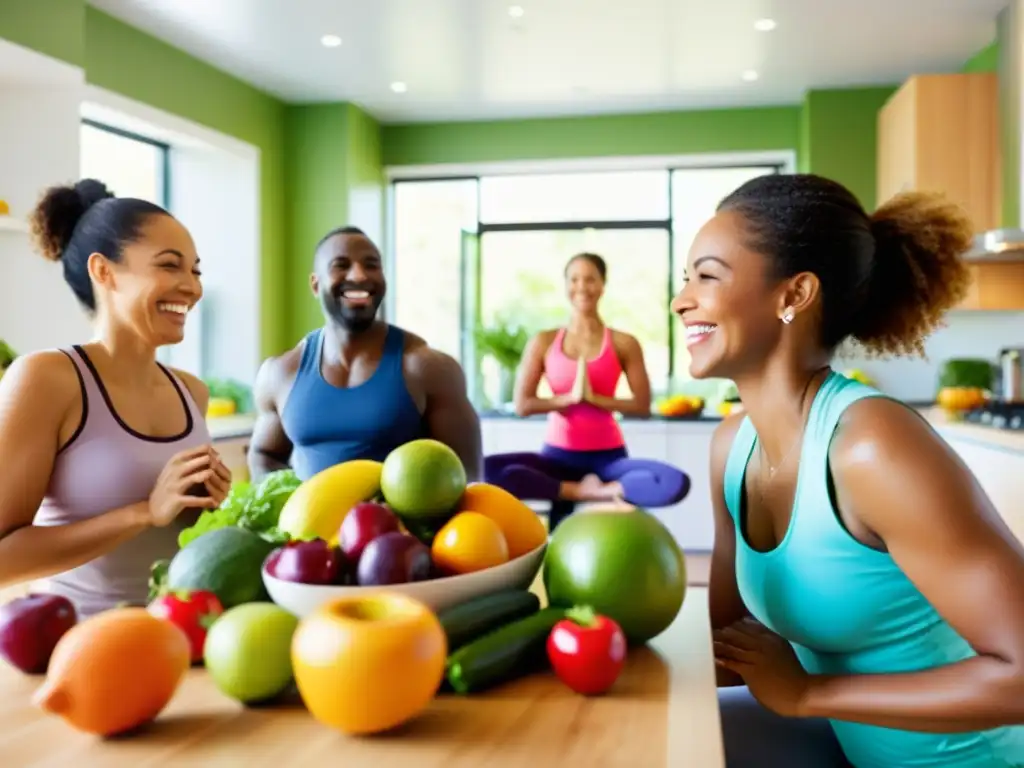 Vida saludable: yoga, cocina y alegría en comunidad Grupo diverso disfruta juntos de actividades saludables en una cocina luminosa