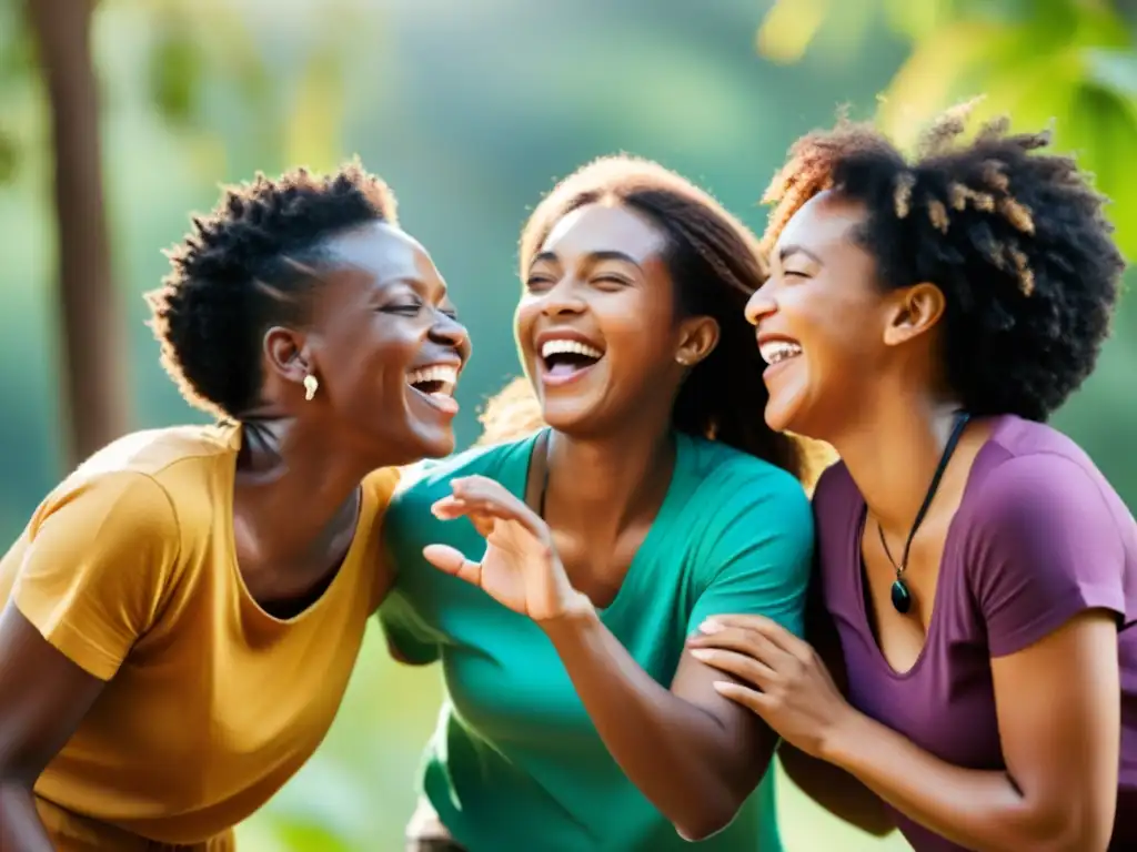 Laughter in Nature: Uniting Diverse People Grupo diverso riendo juntos en la naturaleza, creando conexión y bienestar