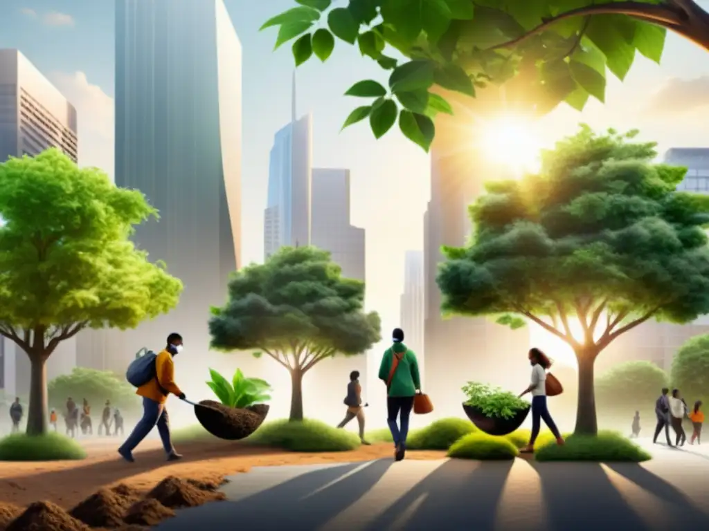 Plantación de árboles en la ciudad: esperanza y acción colectiva Grupo diverso usando mascarillas, plantando árboles en la ciudad